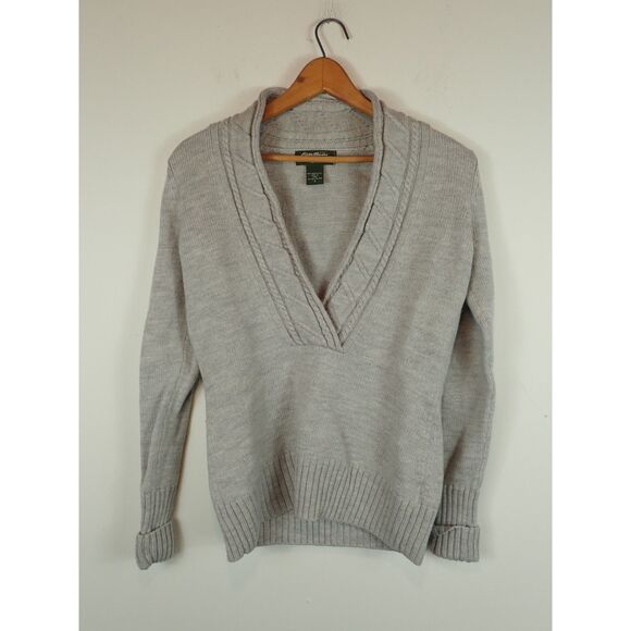Eddie Bauer Merino Wool Gray Sweater Small V-Neck Layering Cable Knit Classic - Picture 1 of 10